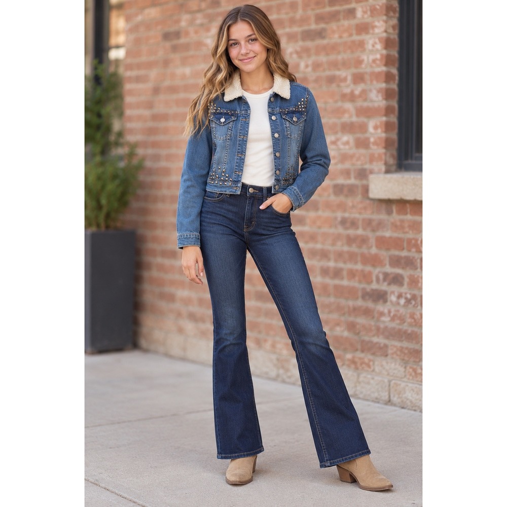 Hudson Girls XL 16 Studded Denim Jacket Sherpa Collar Stretch Jean Trucker